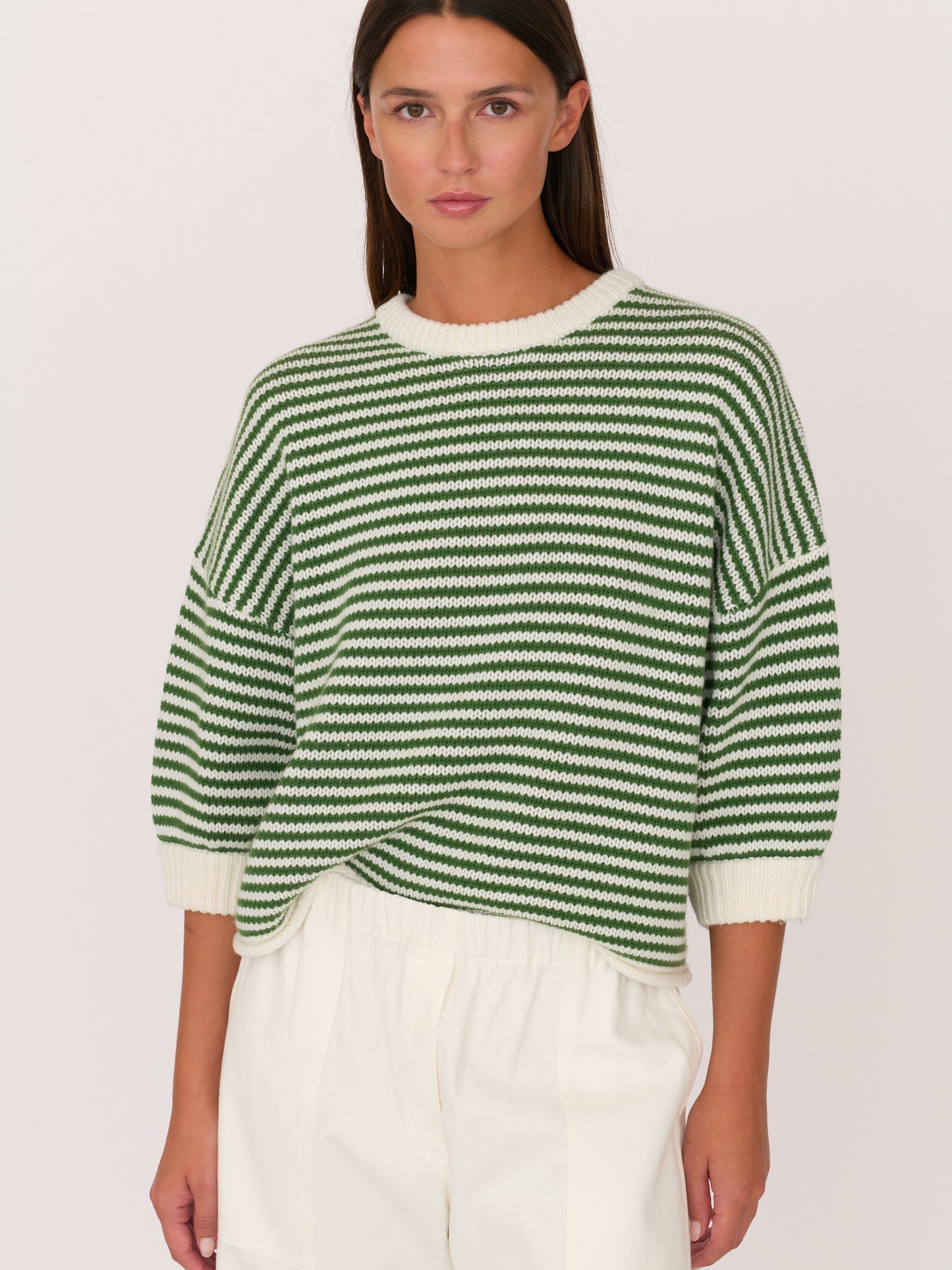 3/4 Sleeve Sweater - Green Ivory Stripe