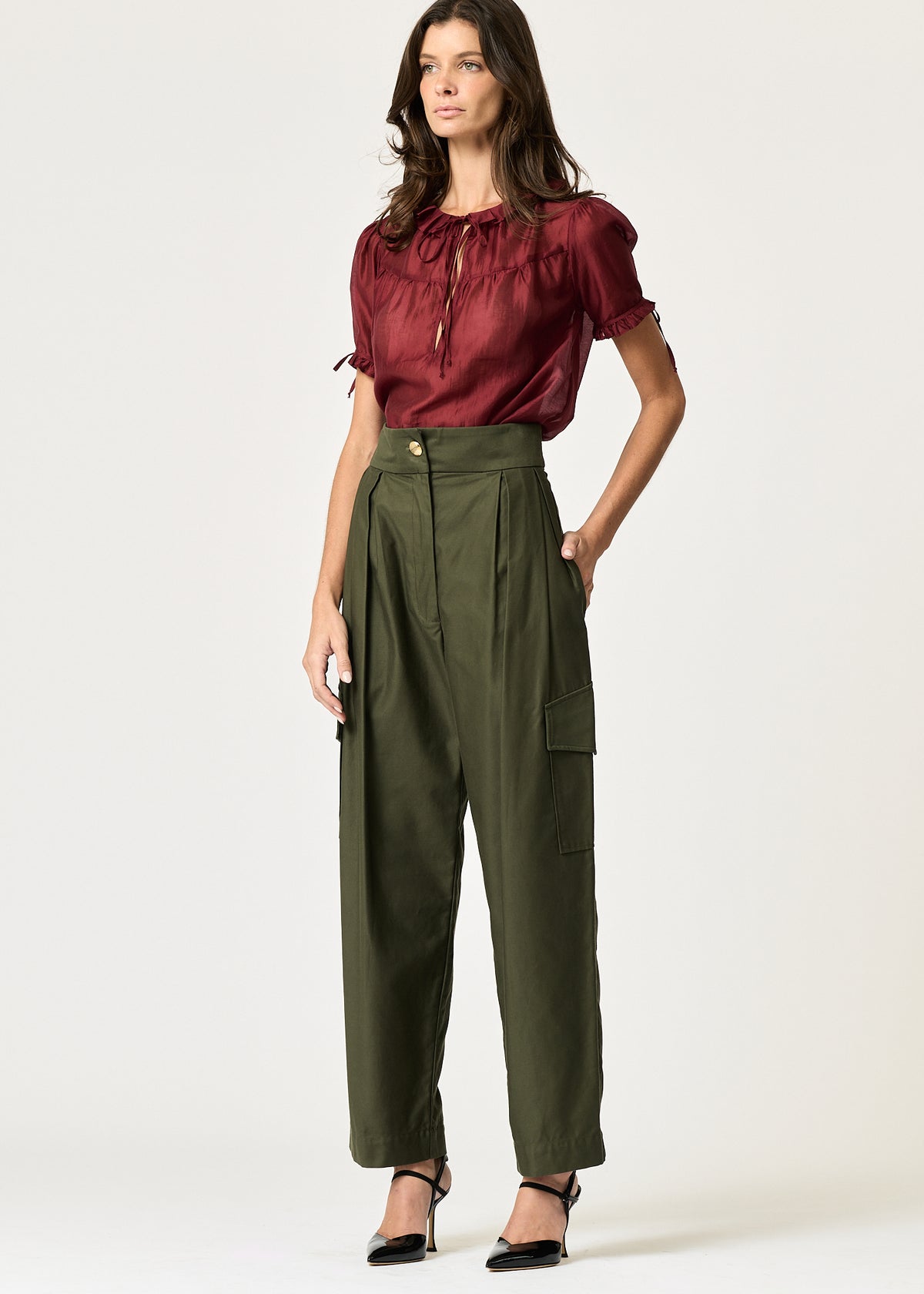 High Waisted Pleated Cargo Pant — Olive