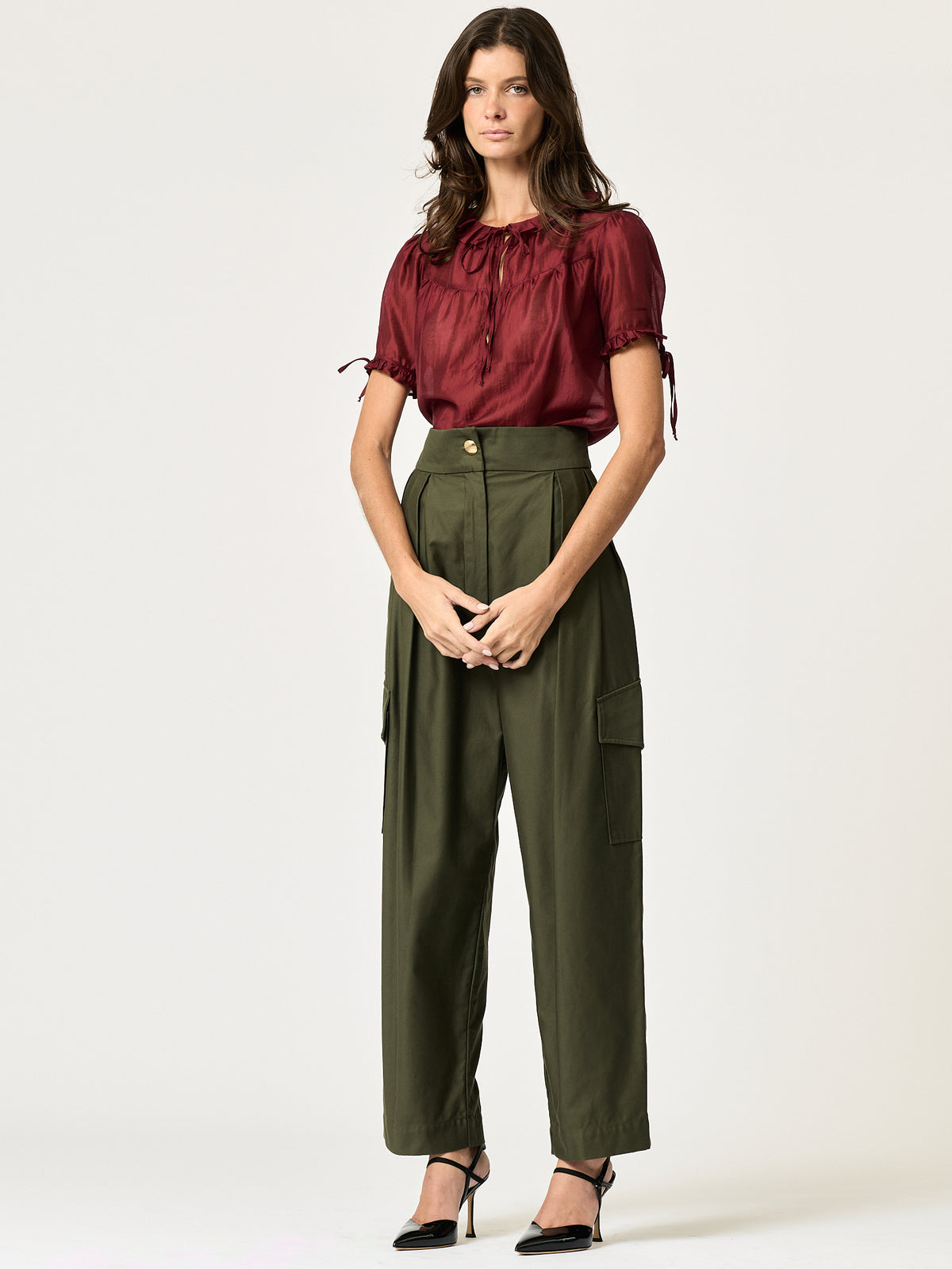 High Waisted Pleated Cargo Pant — Olive