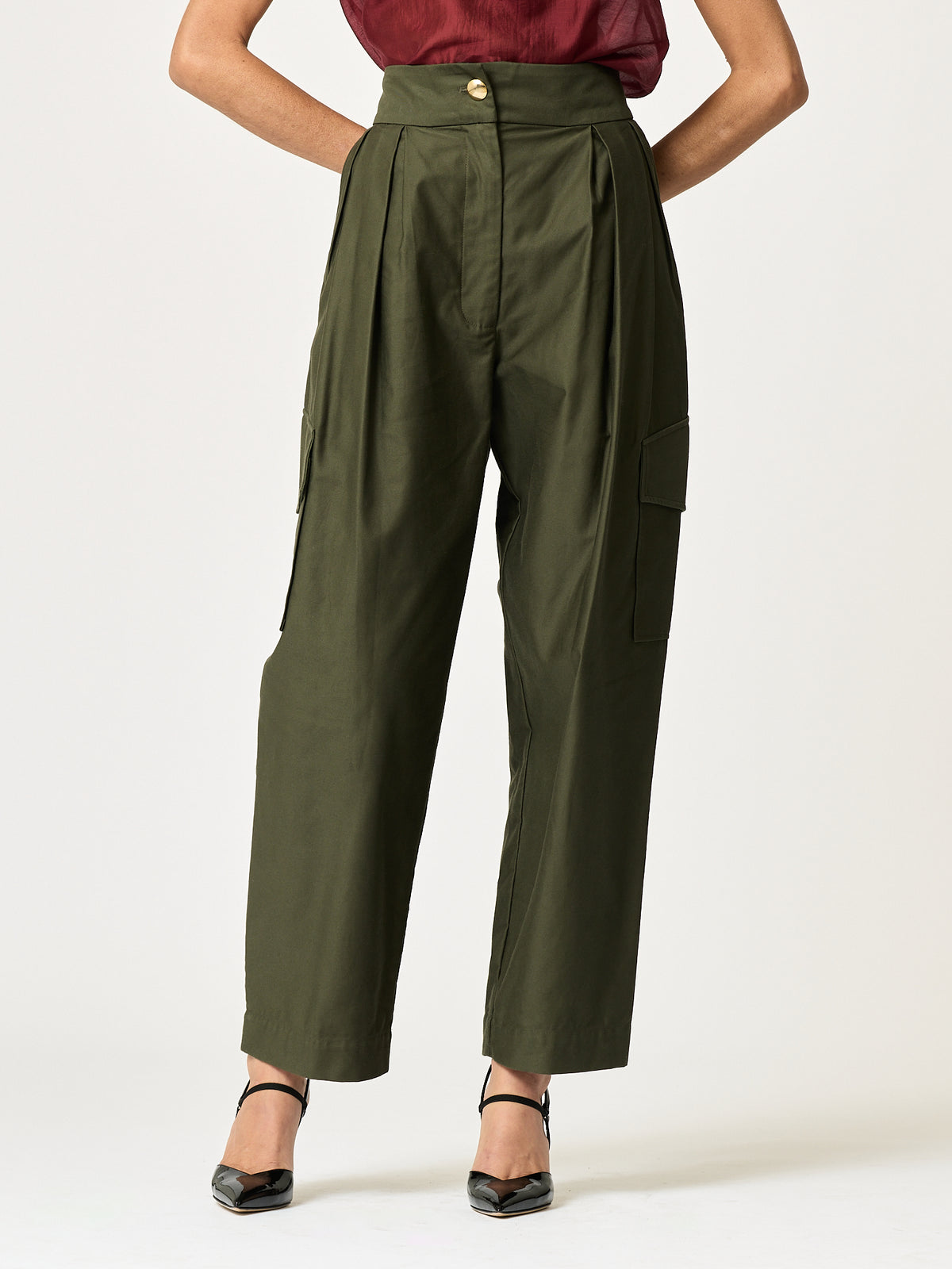 High Waisted Pleated Cargo Pant — Olive