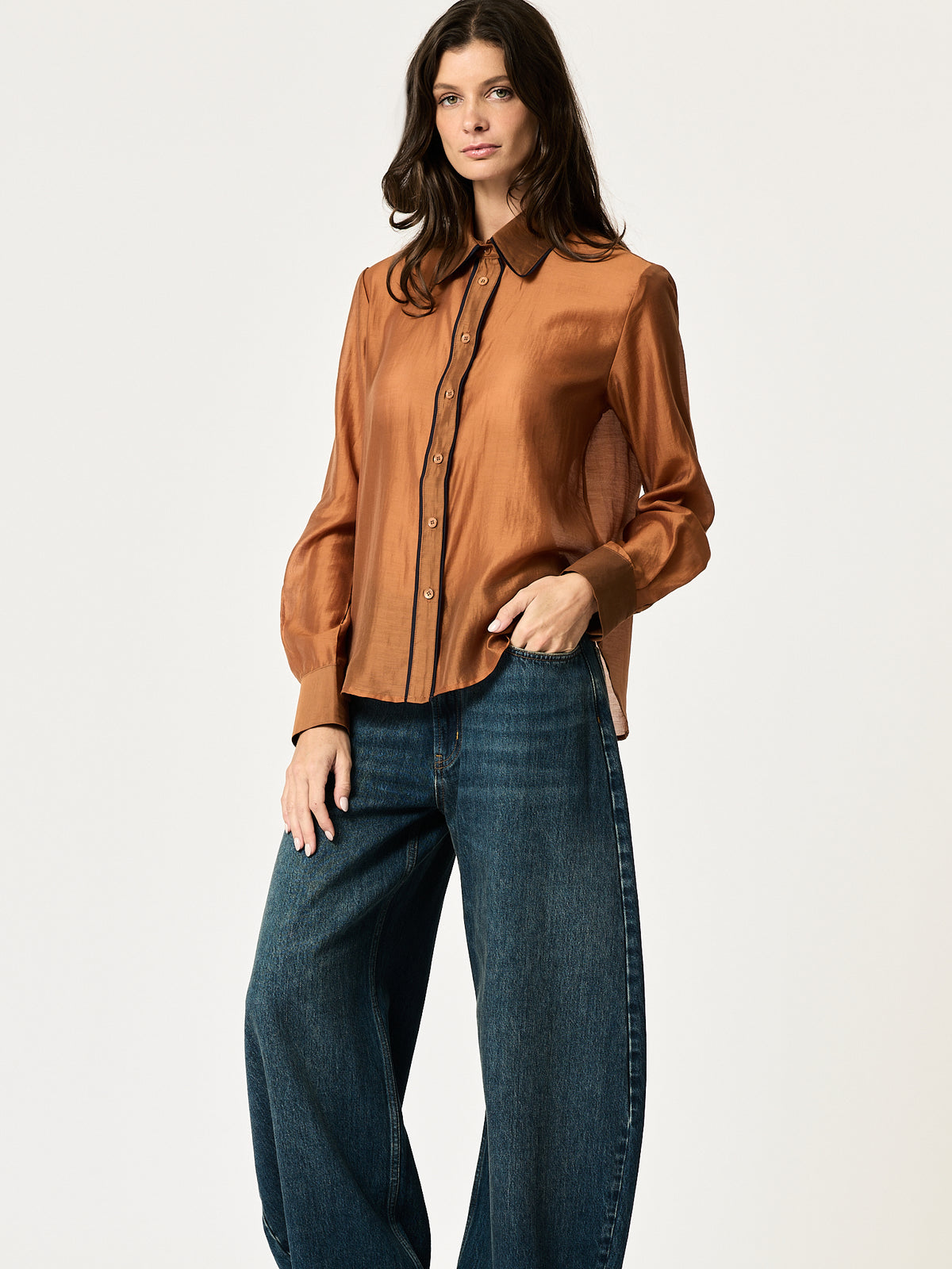 Blanca Shirt — Bronze with Navy Piping