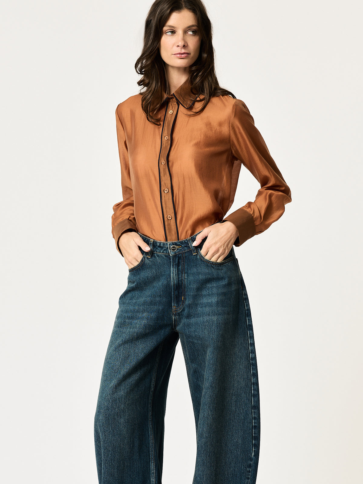 Blanca Shirt — Bronze with Navy Piping