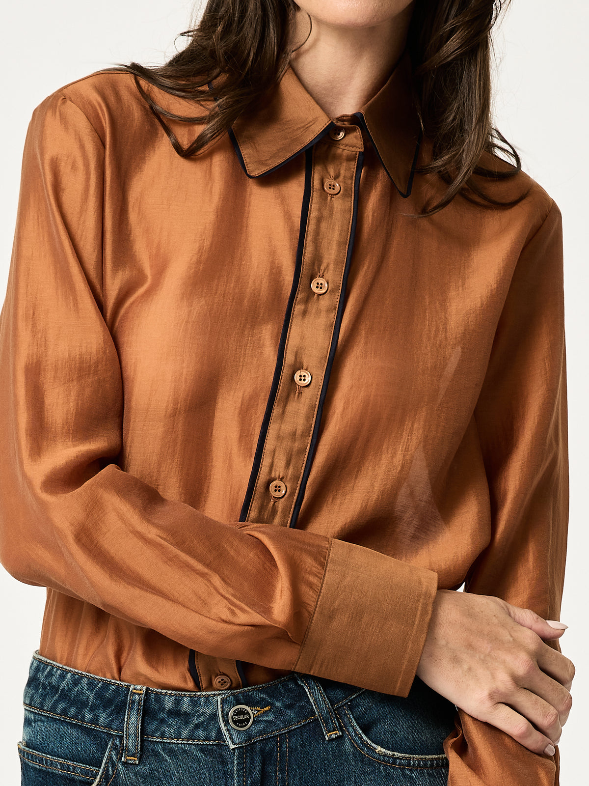 Blanca Shirt — Bronze with Navy Piping