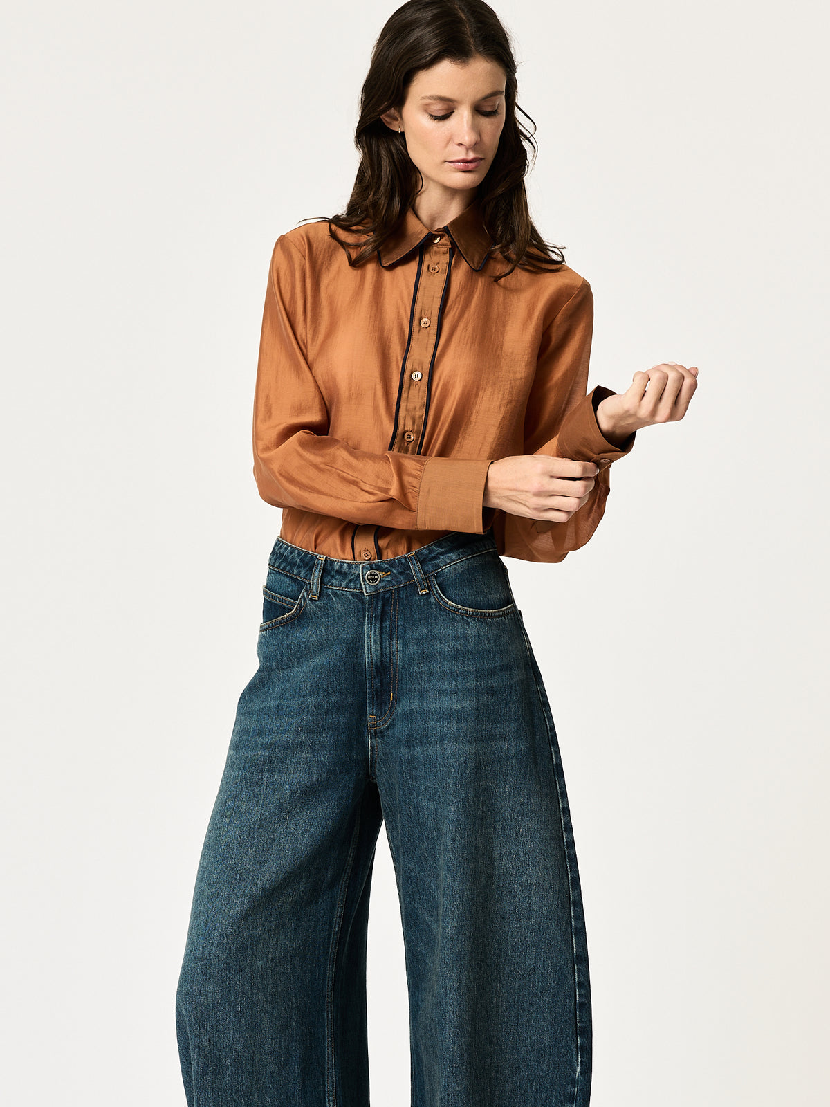 Blanca Shirt — Bronze with Navy Piping