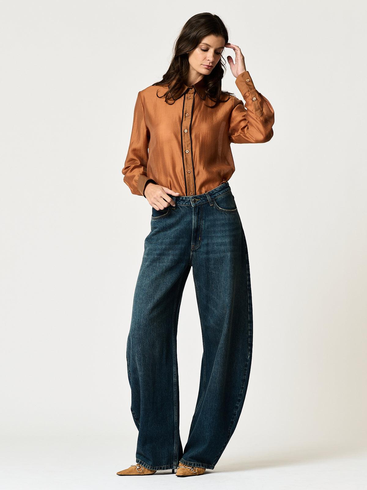 Blanca Shirt — Bronze with Navy Piping