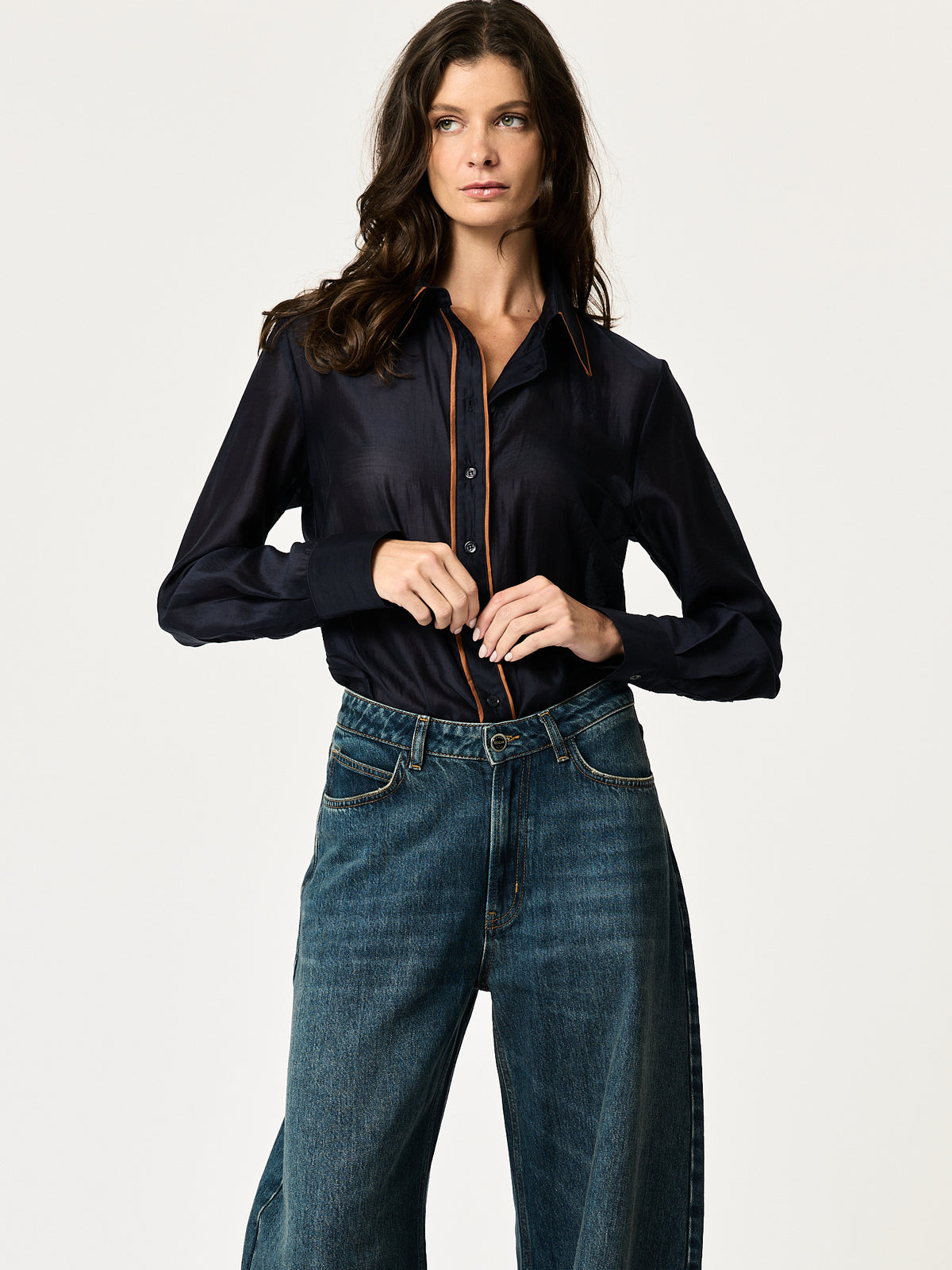 Blanca Shirt — Navy with Bronze Piping