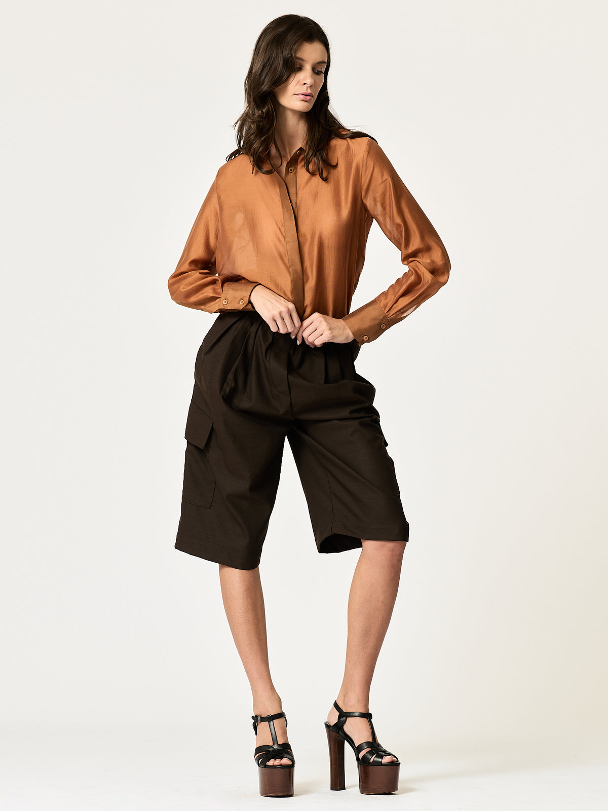 Gaucho Cargo Short — Chocolate Wool-Blend Suiting