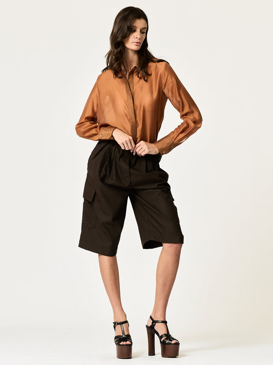 Gaucho Cargo Short — Chocolate Wool-Blend Suiting