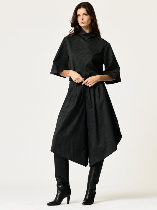 Collette Shirt — Black Pinstripe Wool-Blend Suiting