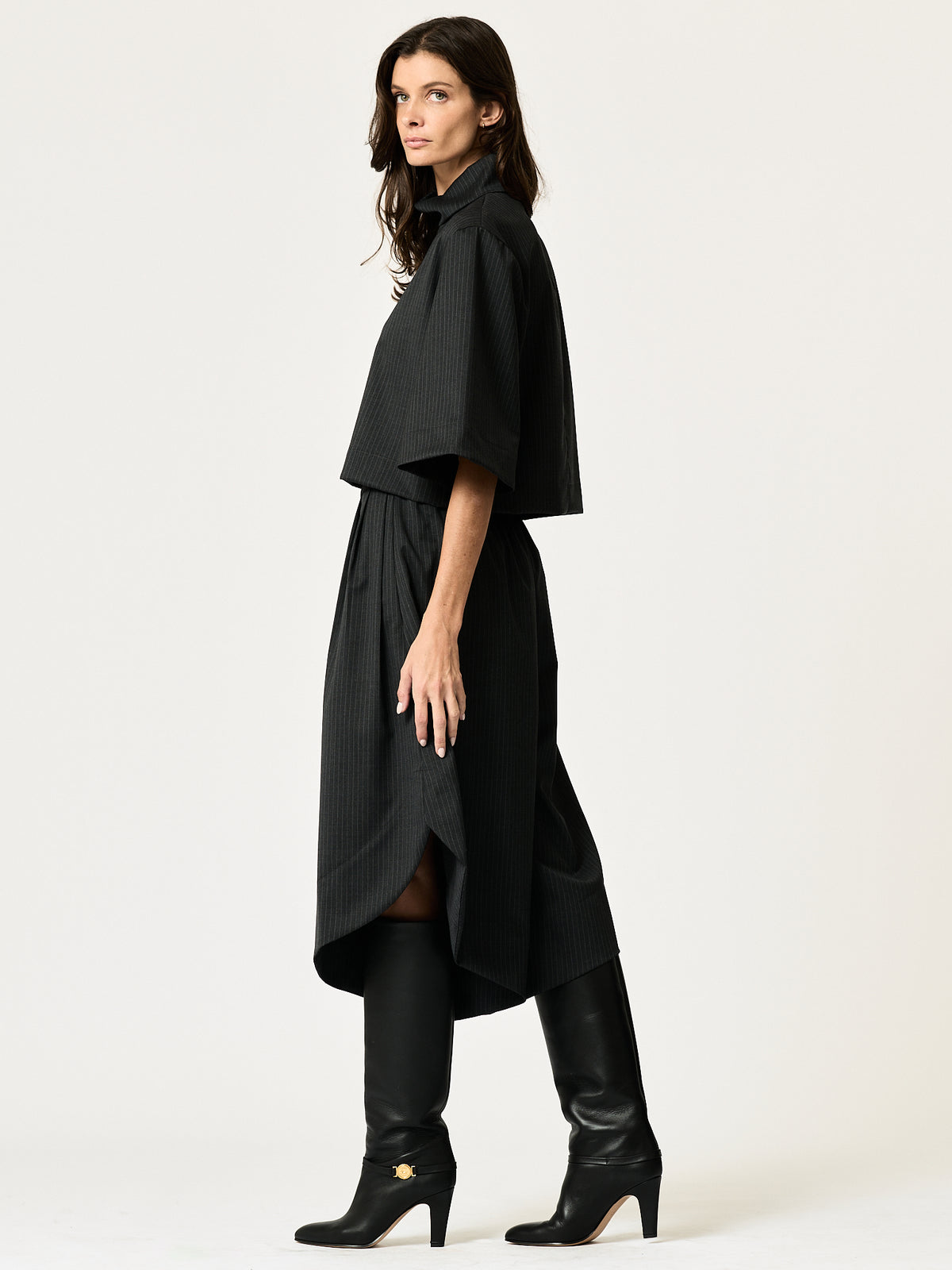 Collette Shirt — Black Pinstripe Wool-Blend Suiting