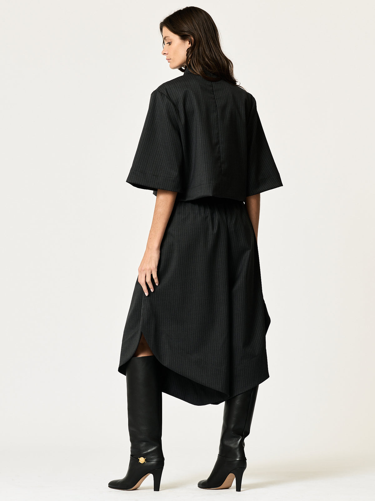 Collette Shirt — Black Pinstripe Wool-Blend Suiting