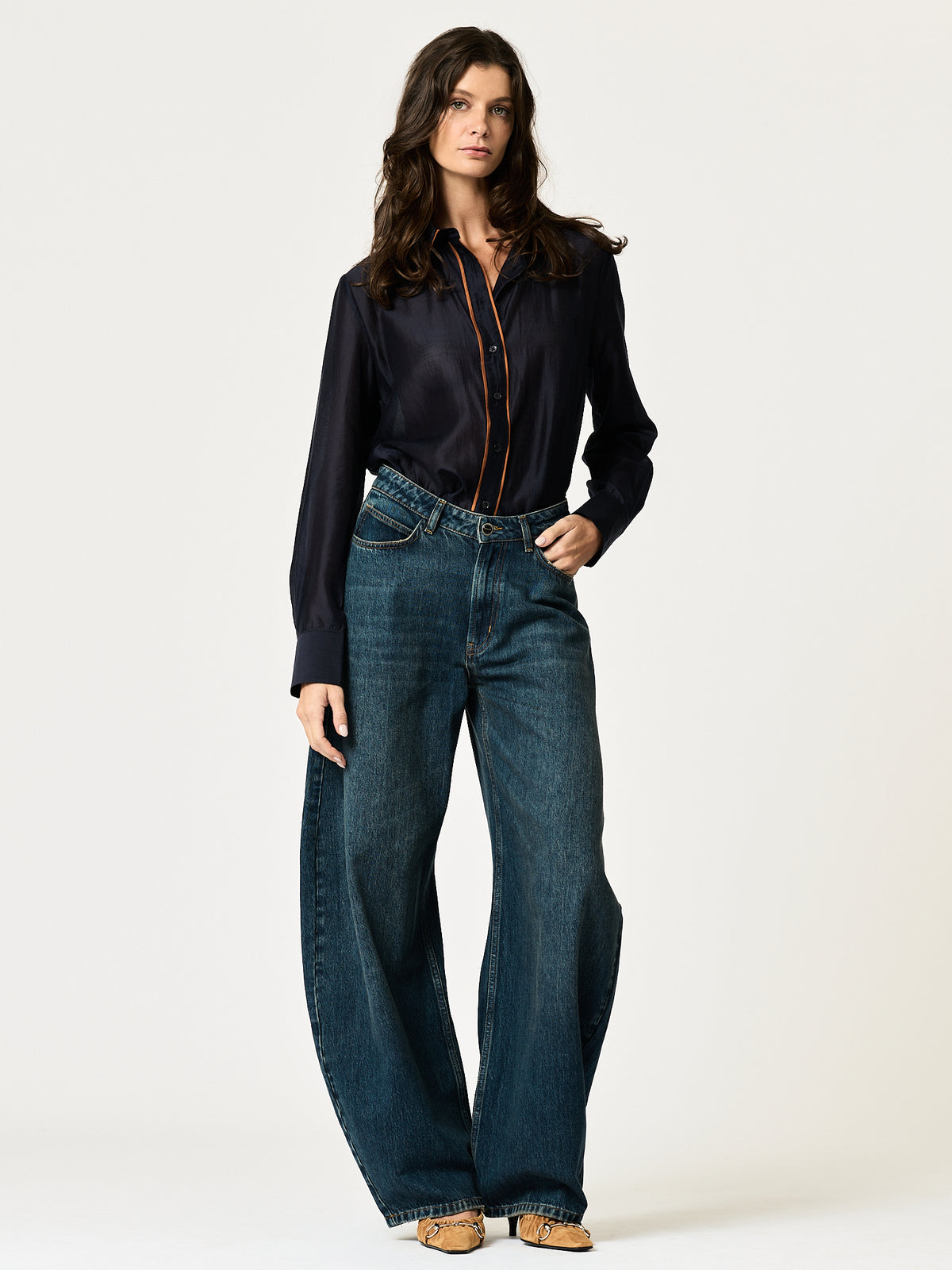 Blanca Shirt — Navy with Bronze Piping