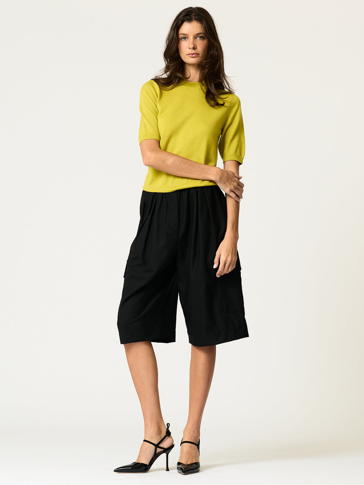 Gaucho Cargo Short — Black Wool-Blend Suiting