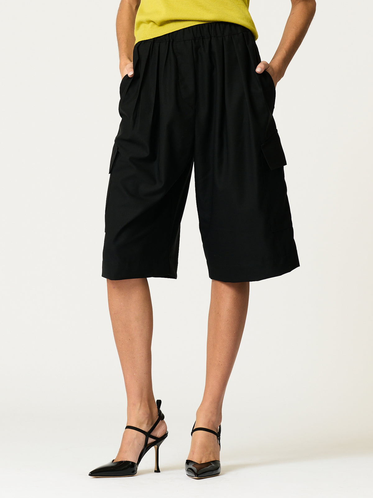 Gaucho Cargo Short — Black Wool-Blend Suiting