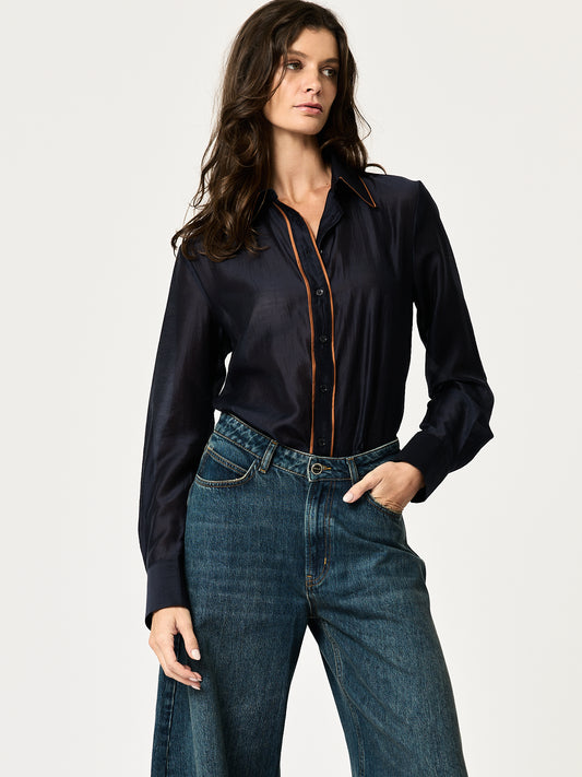 Blanca Shirt — Navy with Bronze Piping