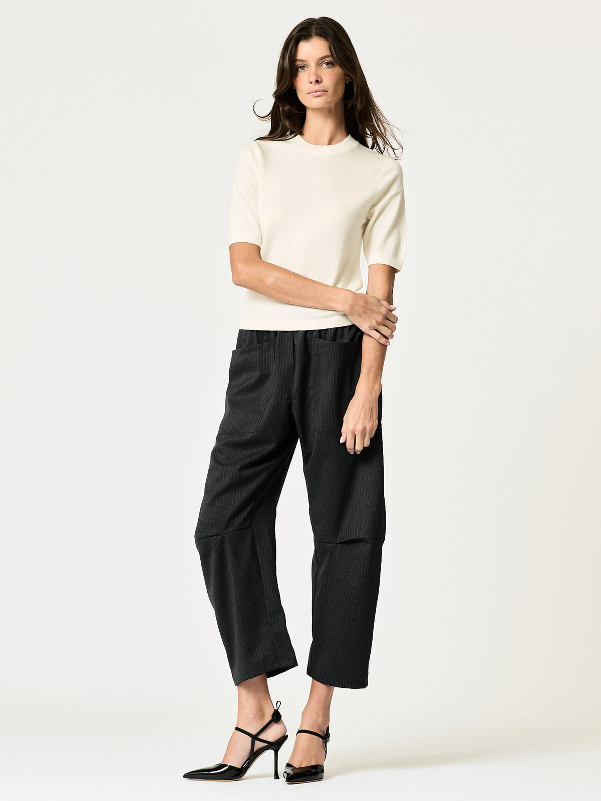 Travis Pant — Black Pinstripe Wool-Blend Suiting