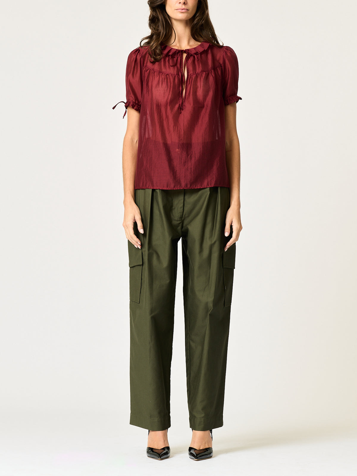 High Waisted Pleated Cargo Pant — Olive