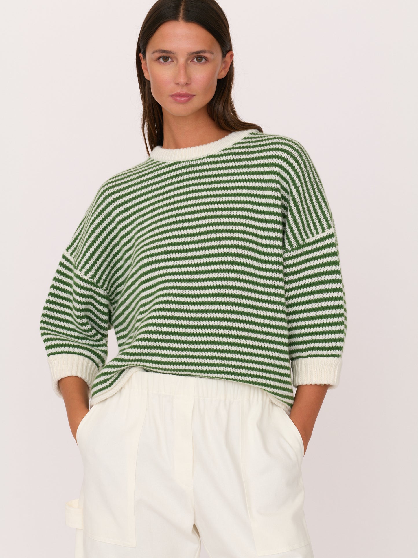 3/4 Sleeve Sweater - Green Ivory Stripe