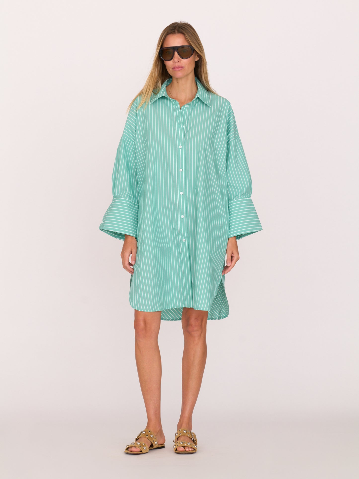 The Kelly Shirt Dress - Turquoise Stripe