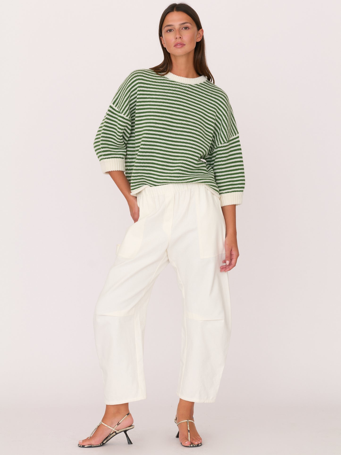 3/4 Sleeve Sweater - Green Ivory Stripe