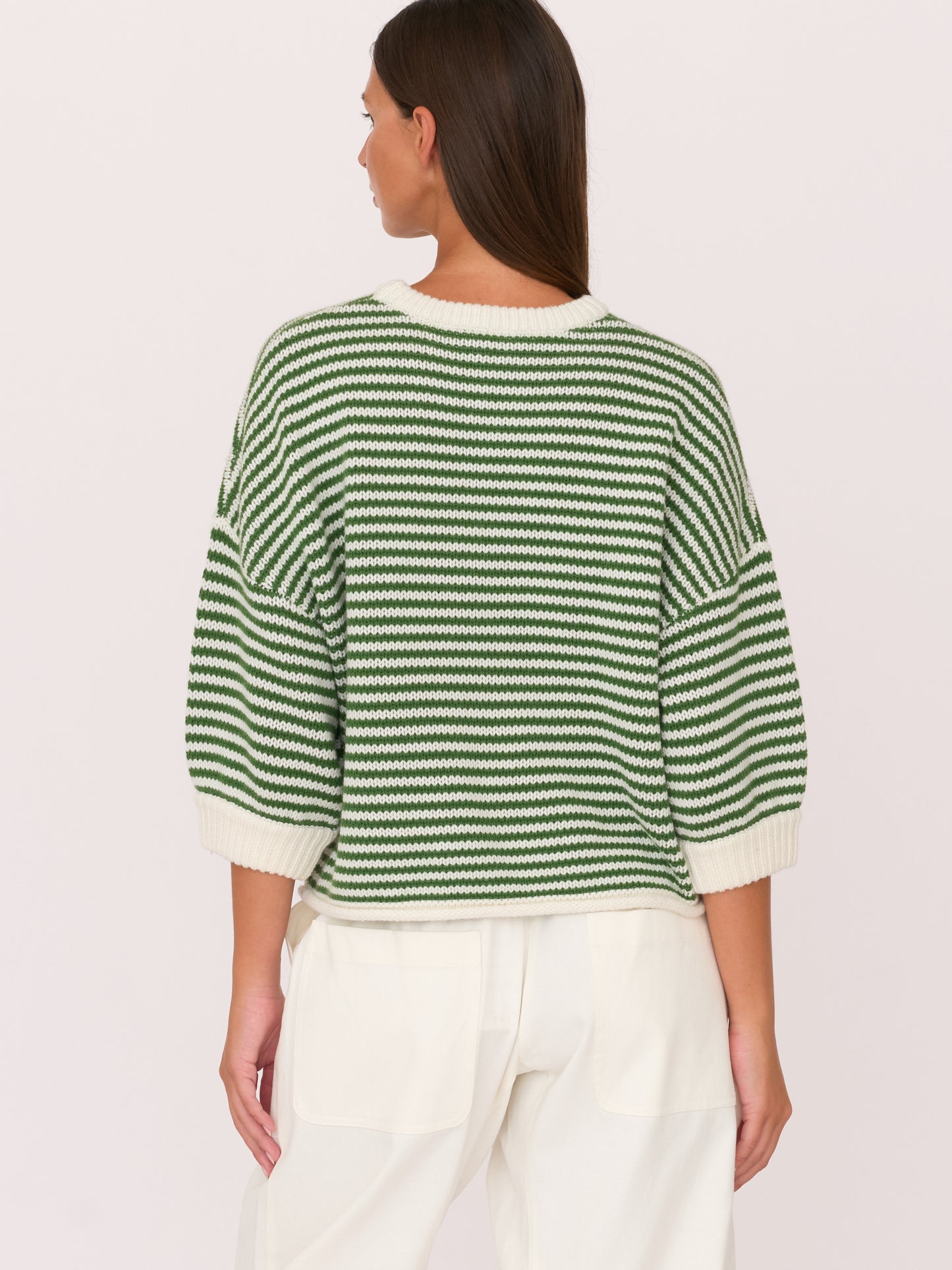 3/4 Sleeve Sweater - Green Ivory Stripe
