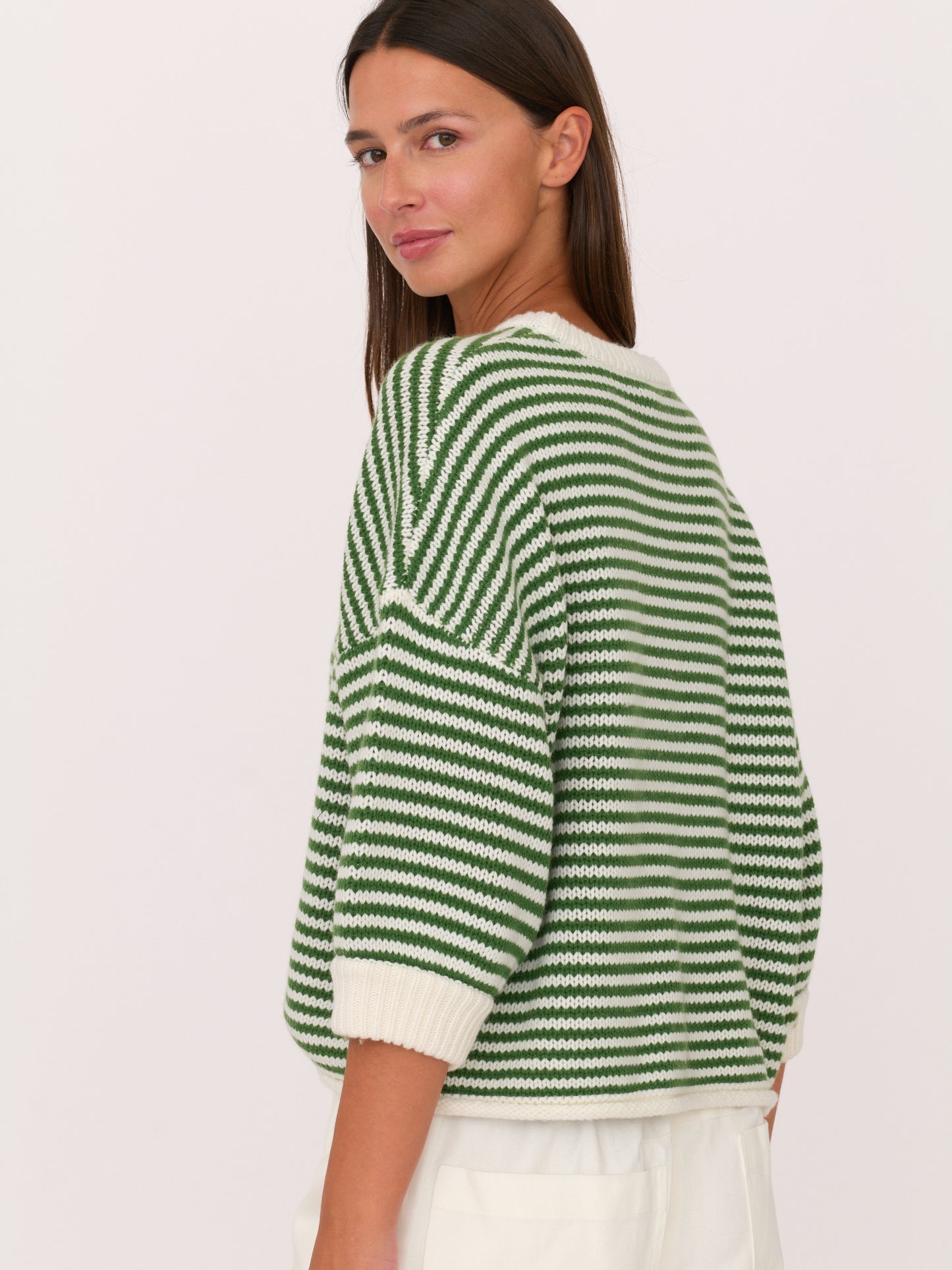 3/4 Sleeve Sweater - Green Ivory Stripe