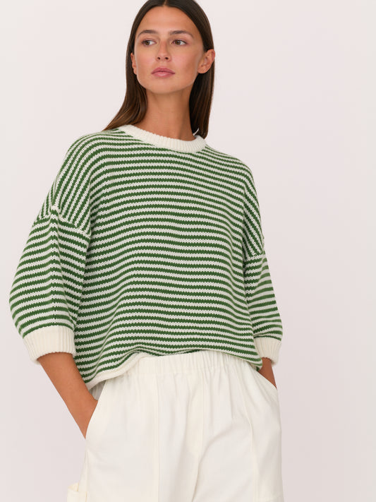 3/4 Sleeve Sweater - Green Ivory Stripe