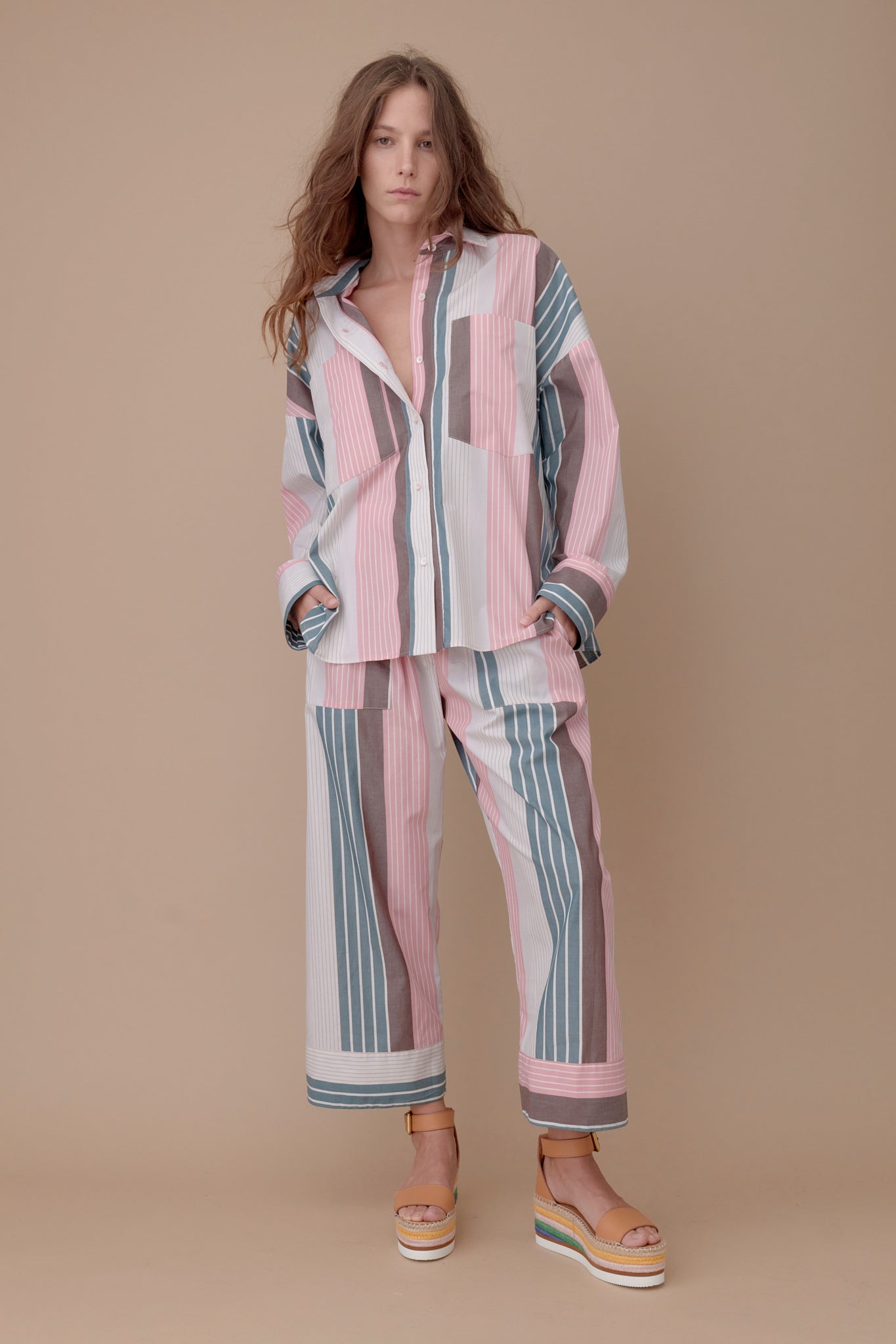 Relaxed Pajama-Like Pants - Pink Patchwork Stripe