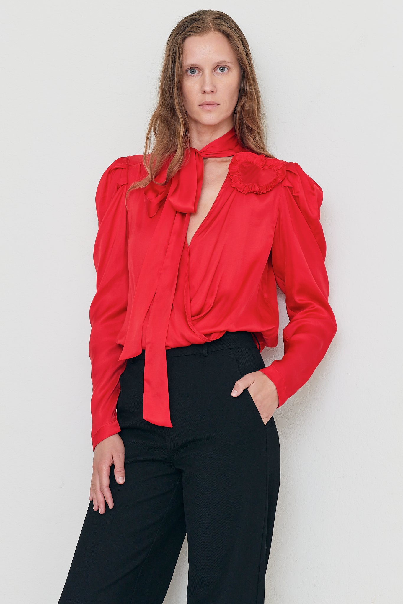 Helena – Red Viscose Ruffle Heart Necktie Top