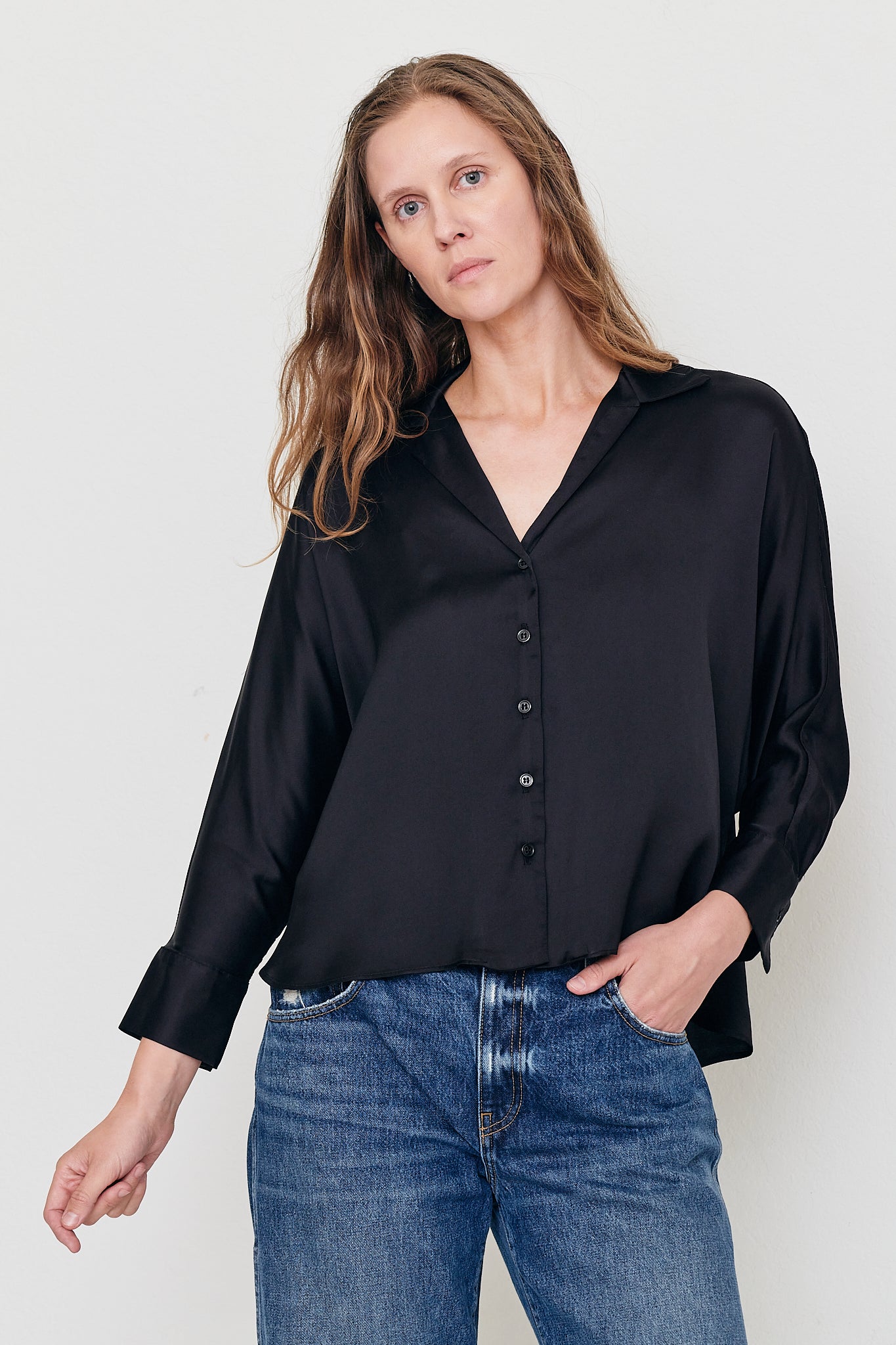 Autumn Shirt – Black Dolman Sleeve Button-Up in Viscose