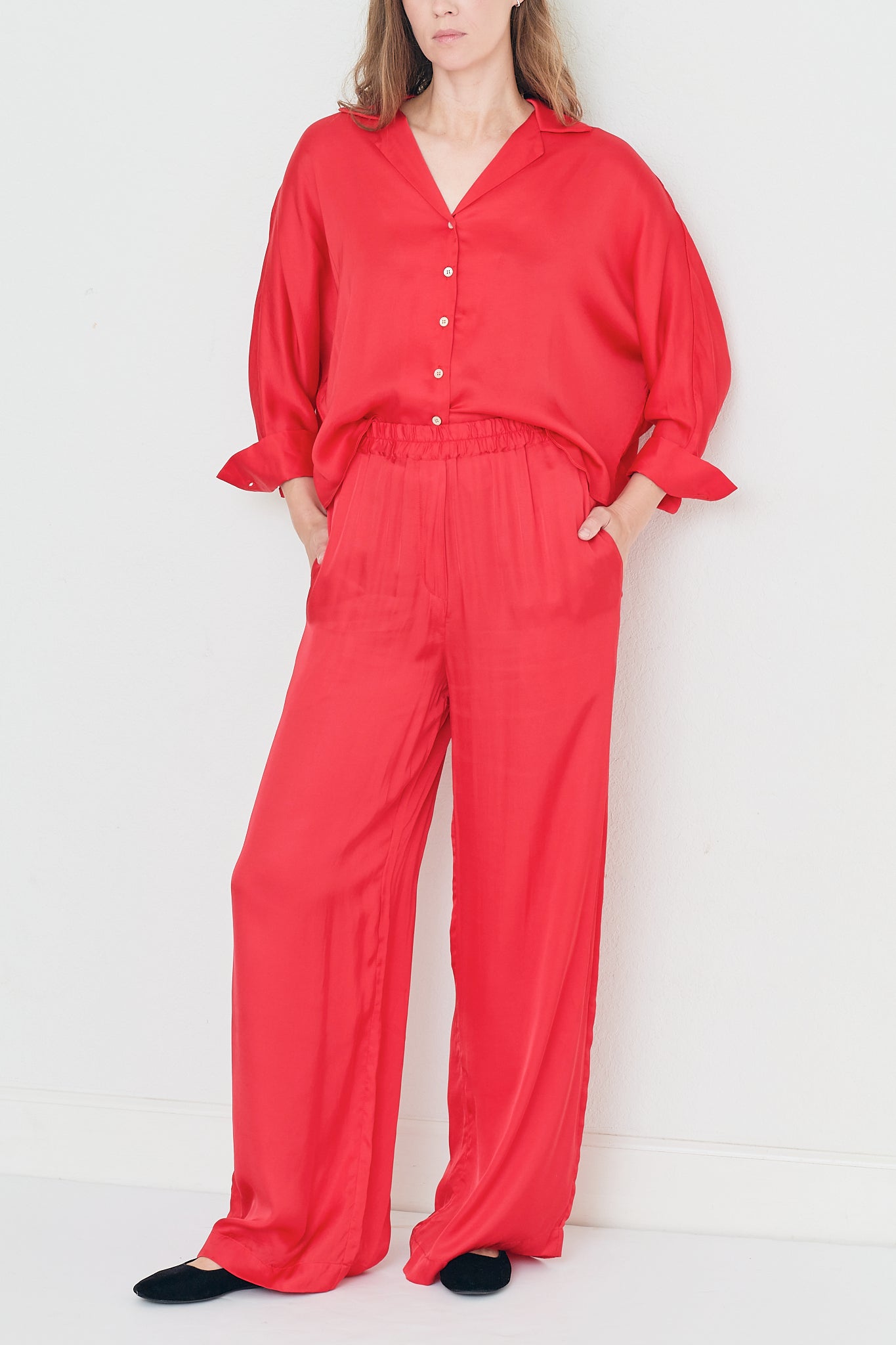 Tyler Pants – Red Viscose with Elastic Waistband