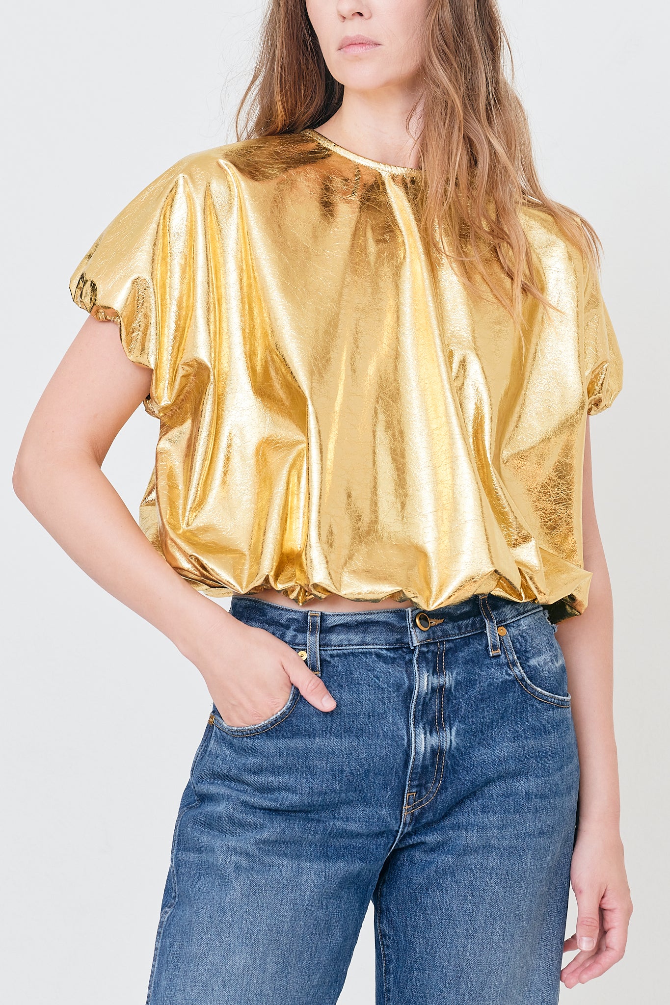 Georgina Top - Gold  Metallic Faux Leather Elasticated Top