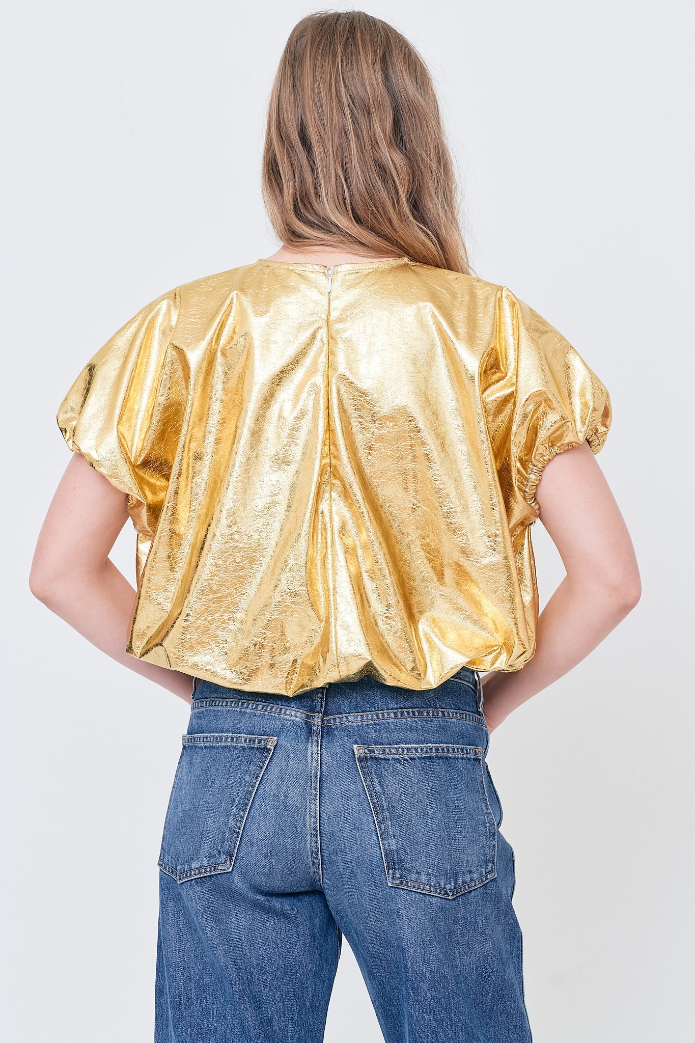 Georgina Top - Gold  Metallic Faux Leather Elasticated Top