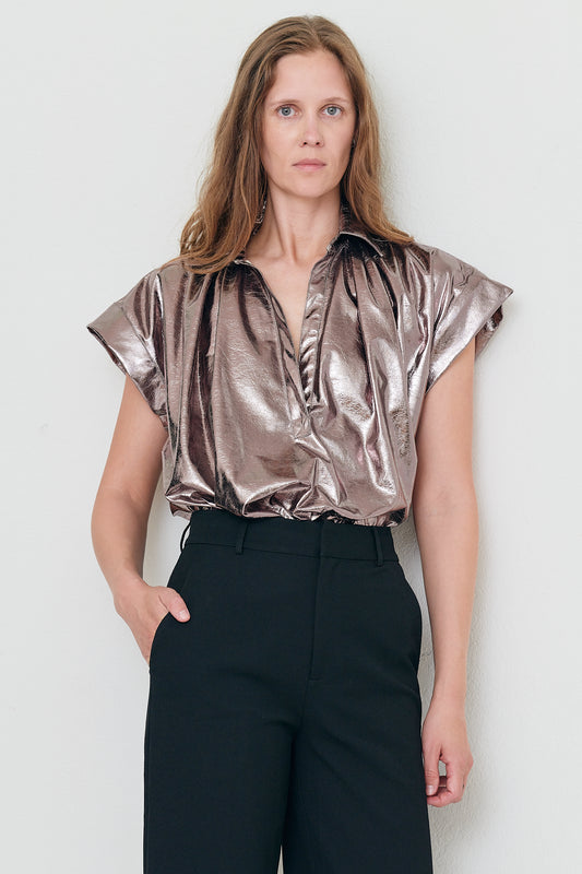 Trinity - Bronze Italian Faux Leather Metallic Drape Top