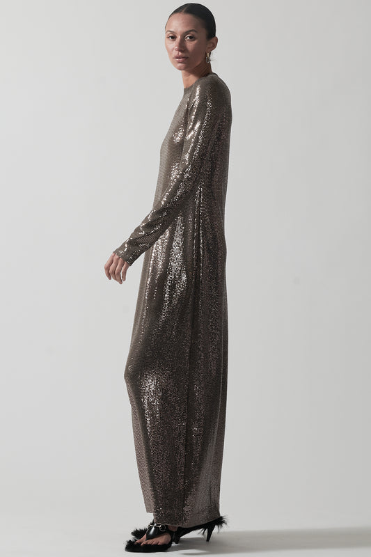 Darcy - Bronze Long-Sleeve Disco Jersey Dress